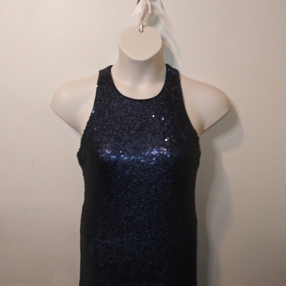 Halston Evening Sexy Bodycon Style Navy Sequinned Cocktail Dress - Picture 4 of 11
